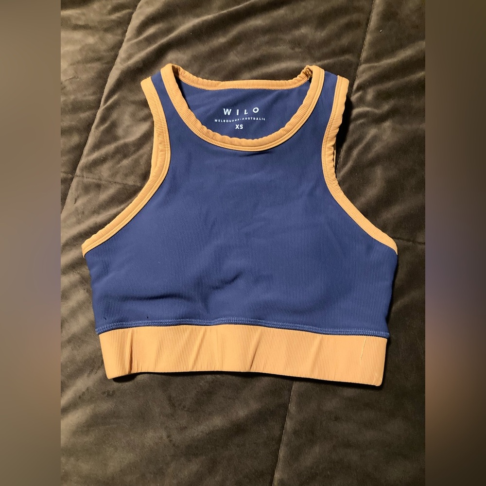 Wilo The Label, size XS, dark blue and orange crop athletic bra/top.